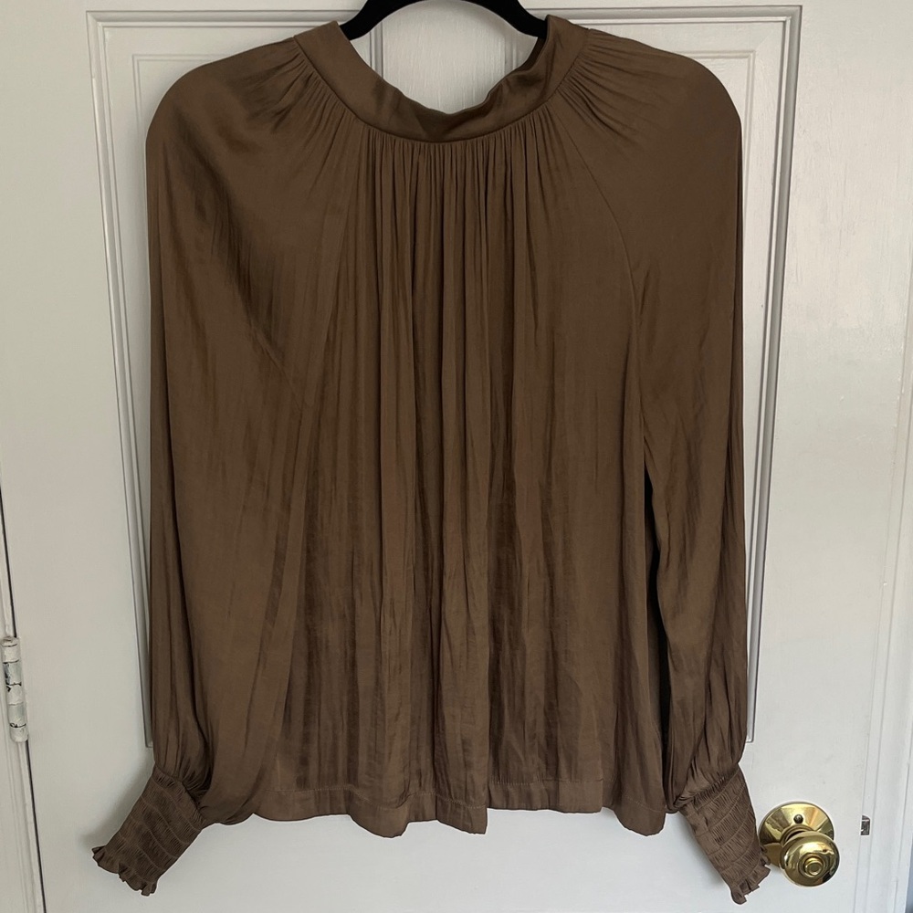 GAP Brown Pleated Long-Sleeve Blouse